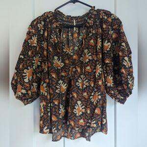Free People Boho Peasant Top - Navy/Rust/Cream Floral/Tribal/Ikat Print - XS